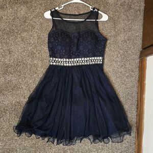 Formal Hoco Party Rhinestone Sparkle Mesh Floral Lace Flare Tulle Mini Dress